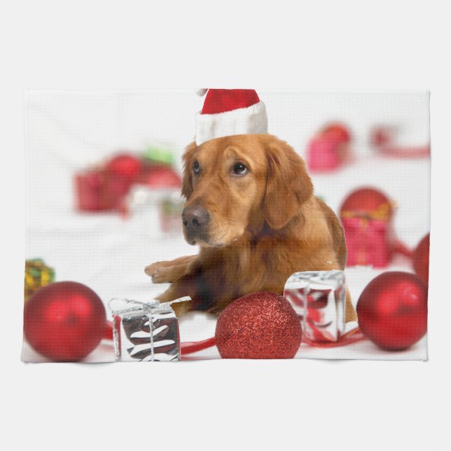 Golden Retriever Dog W Red Santa Hat Christmas Tea Towel (Horizontal)
