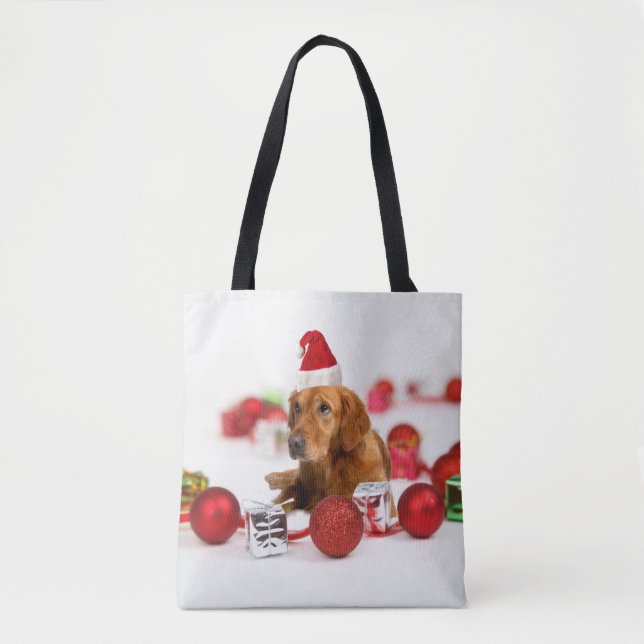 Golden Retriever Dog W Red Santa Hat Tote Bag (Front)