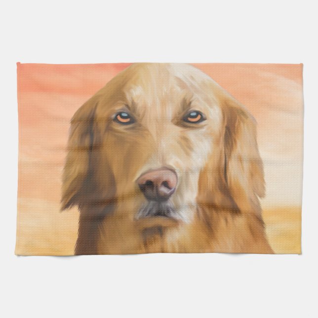 Golden Retriever Dog Water Colour Art Oil Painting Tea Towel (Horizontal)
