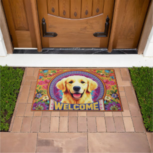 Golden Retriever Dog Welcome Floral Border Doormat