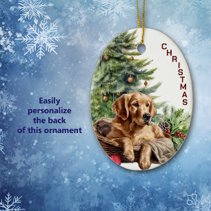 Golden Retriever Dog Wicker Basket Christmas Ceramic Tree Decoration