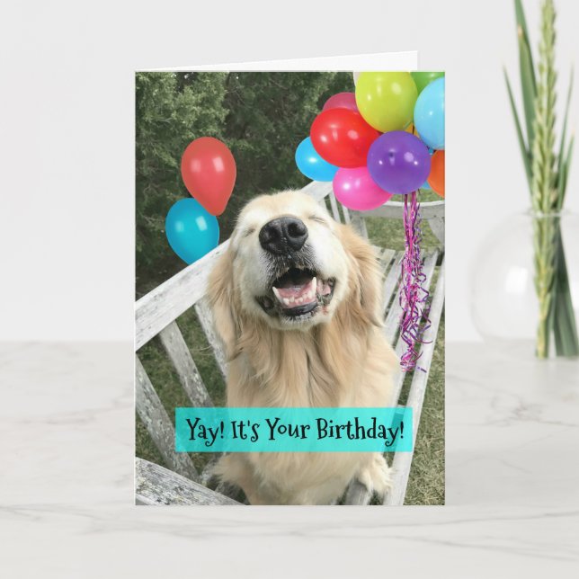 Golden Retriever Dog With Balloons Birthday Card (Front)
