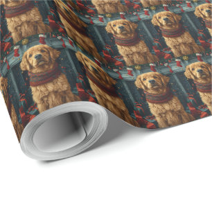 Golden Retriever Dog With Christmas Gift Fireplace Wrapping Paper