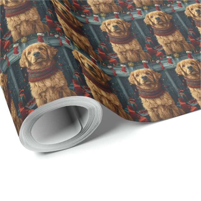 Golden Retriever Dog With Christmas Gift Fireplace Wrapping Paper (Roll Corner)