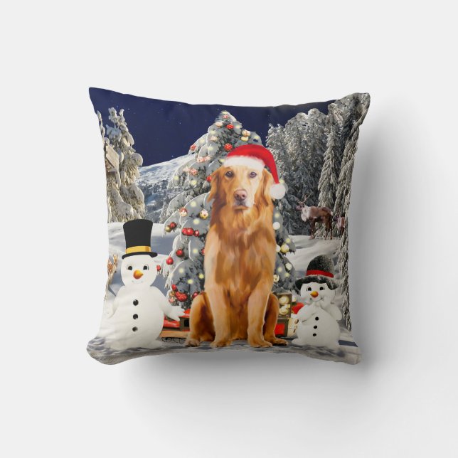 Golden Retriever Dog with Christmas Hat Cushion (Front)