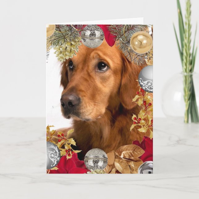Golden Retriever Dog with Christmas Wreath Holiday Card (Front)