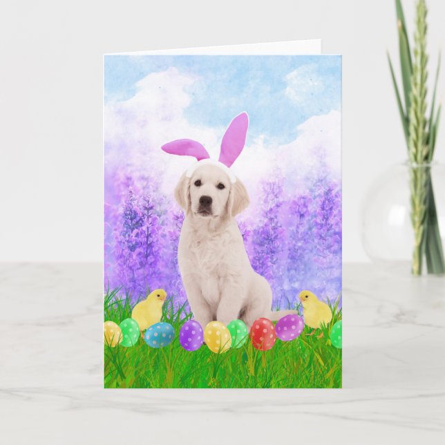Golden Retriever Dog with Easter Eggs Bunny Chicks Holiday Card (Front)