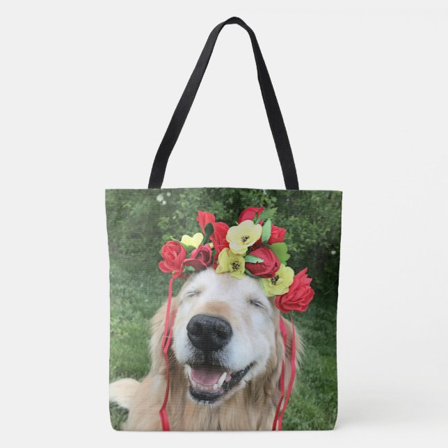 Golden Retriever Dog With Flower Crown Tote Bag (Front)