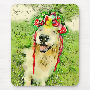 Golden Retriever Dog With Flower Crown Watercolor Mouse Mat