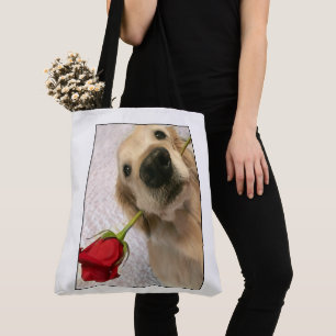 Golden Retriever Dog With Red Rose Tote Bag