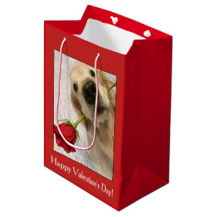 Golden Retriever Dog With Red Rose Valentine's Day Medium Gift Bag
