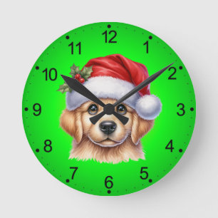 Golden Retriever Dog with Santa Claus Style  Round Clock