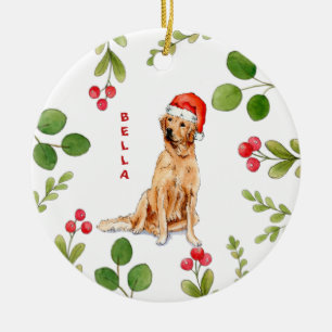 Golden retriever dog with Santa Hat Ceramic Tree Decoration