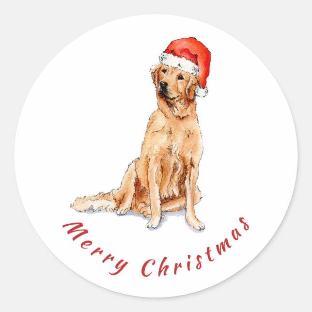 Golden retriever dog with Santa hat Classic Round Sticker (Front)
