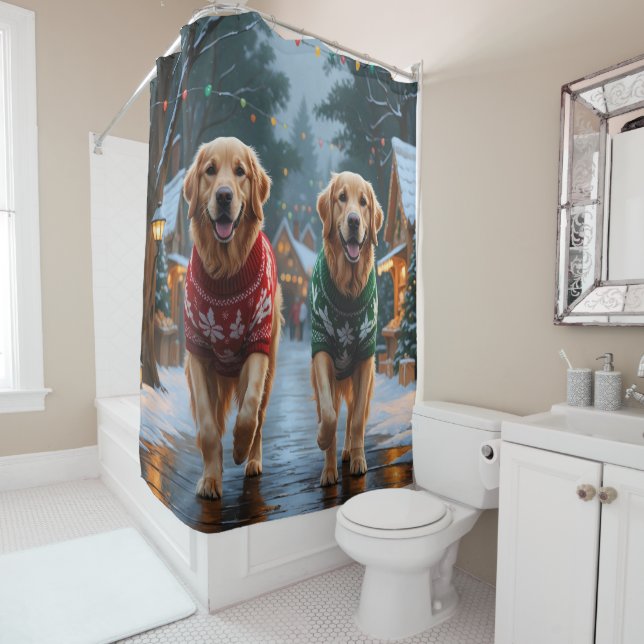Golden Retriever Dogs Christmas Snow Holiday Shower Curtain (In Situ)
