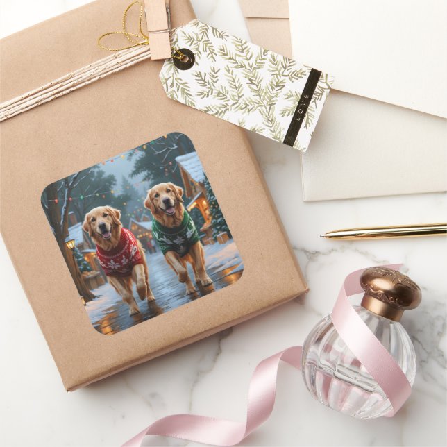Golden Retriever Dogs Christmas Snow Holiday Square Sticker (Gifting)