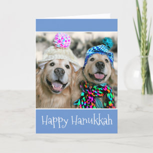 Golden Retriever Dogs in Winter Hats Hanukkah Holiday Card