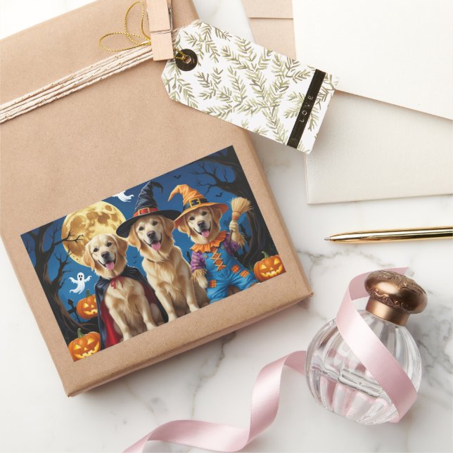 Golden Retriever Dogs Pumpkin Halloween Funny Rectangular Sticker (Gifting)