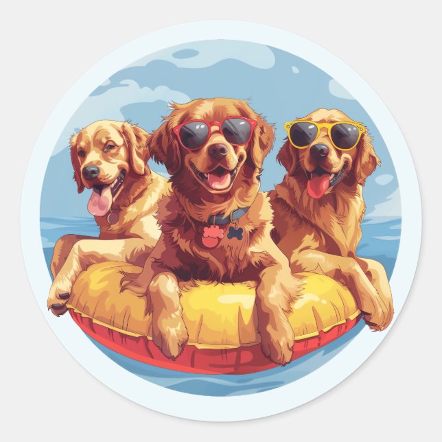 Golden Retriever Dogs Summer Pool Floaties Classic Round Sticker (Front)