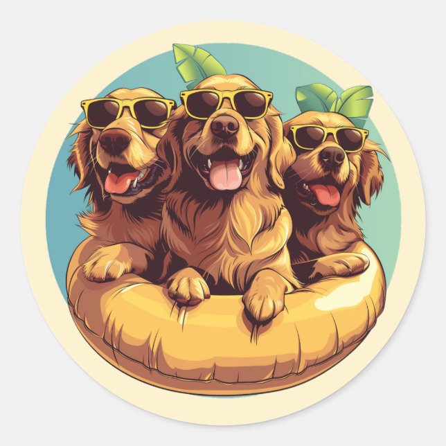 Golden Retriever Dogs Summer Pool Floaties Classic Round Sticker (Front)