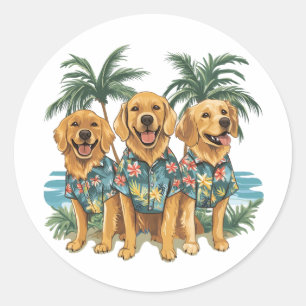Golden Retriever Dogs Wearing Hawaiian Shirt Classic Round Sticker