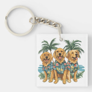 Golden Retriever Dogs Wearing Hawaiian Shirt Key Ring