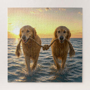 Golden Retriever Dogs with Knotted Rope Jigsaw Puzzle