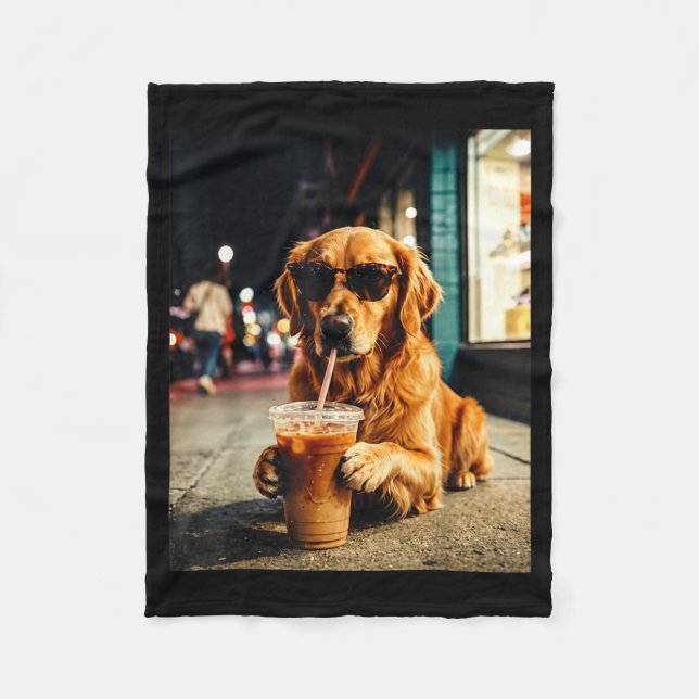 Golden Retriever Drinking Iced Coffee Funny Dog Fleece Blanket (Front)