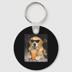 Golden retriever drinking iced coffee funny dogGol Key Ring