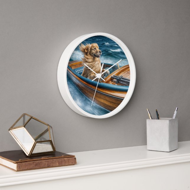 Golden Retriever Driving a Vintage Wooden Boat Clock (Office)