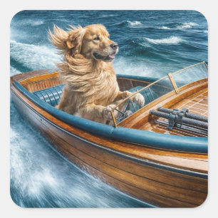 Golden Retriever Driving a Wooden Boat Square Sticker