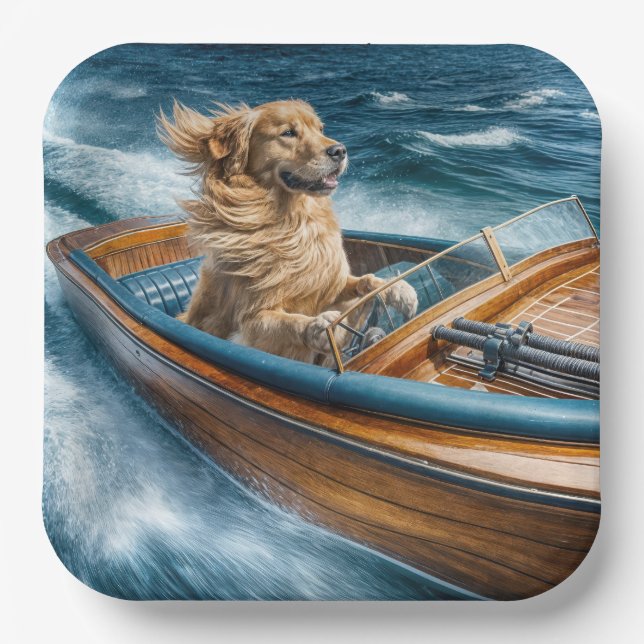 Golden Retriever Driving An Old Wooden Boat Paper Plate (Front)