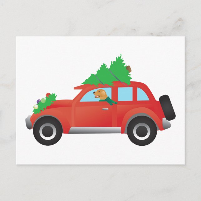 Golden Retriever Driving car with Christmas tree Holiday Postcard (Front)