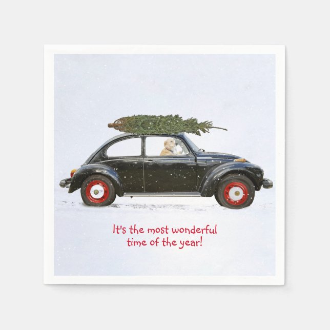 Golden retriever driving old car with holiday tree napkin (Front)