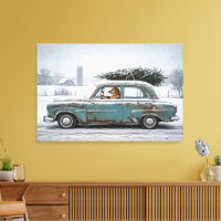 Golden Retriever Driving Retro Car with Pine Tree