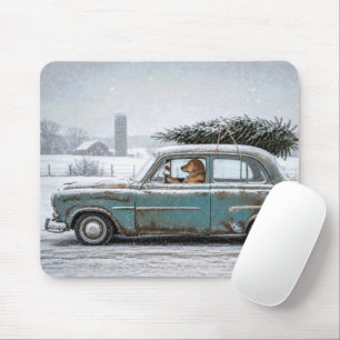 Golden Retriever Driving Retro Car with Pine Tree Mouse Mat