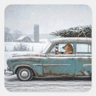 Golden Retriever Driving Retro Car with Pine Tree Square Sticker