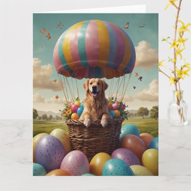Golden Retriever Easter Eggs Card (Yellow Flower)