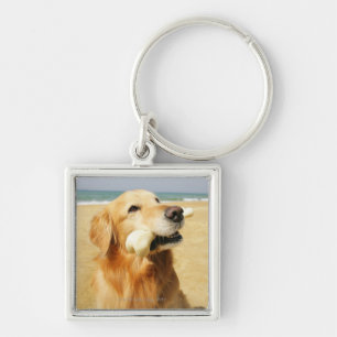 Golden Retriever eating bone Key Ring