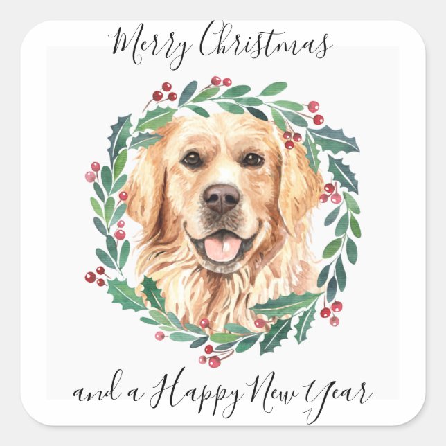 Golden Retriever Elegant Dog Merry Christmas Square Sticker (Front)