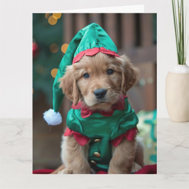Golden Retriever Elf Puppy Christmas Card  (Front)