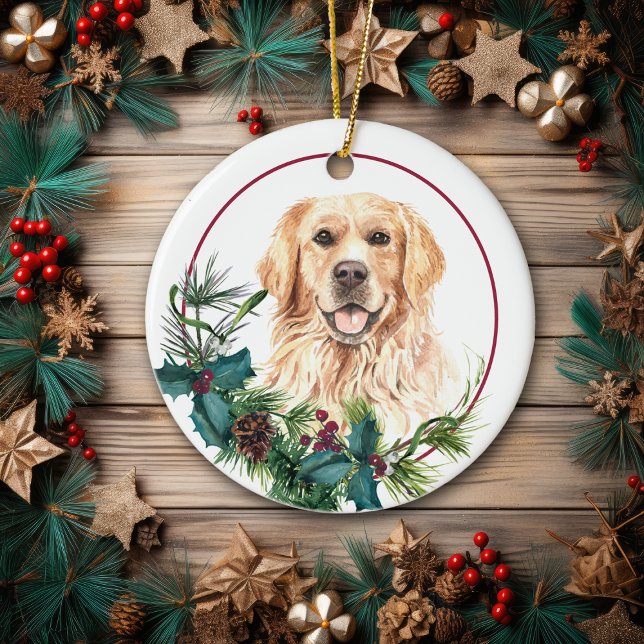 Golden Retriever Evergreen Berry Wreath Ceramic Tree Decoration (Creator Uploaded)