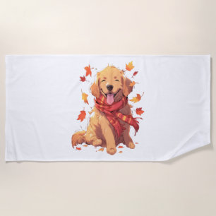 Golden Retriever Fall Dog Autumn Leaves Beach Towel