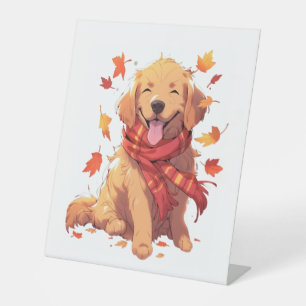 Golden Retriever Fall Dog Autumn Leaves Pedestal Sign