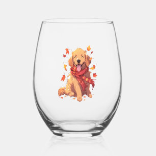 Golden Retriever Fall Dog Autumn Leaves Stemless Wine Glass