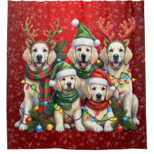 Golden Retriever Family Christmas Red Shower Curtain