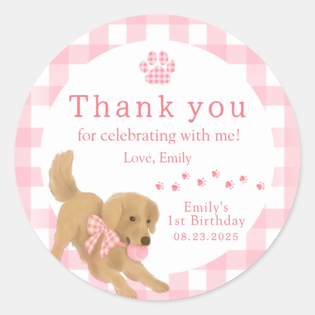 Golden Retriever First Birthday Party Favour Classic Round Sticker (Front)