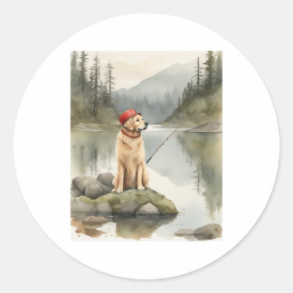 Golden Retriever Fishing Vintage T-shirt Design fo Classic Round Sticker