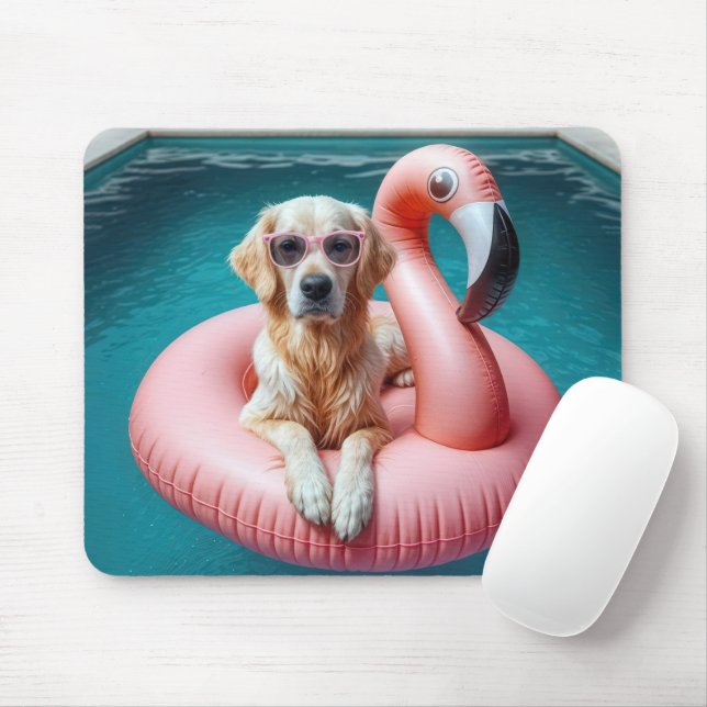Golden Retriever Floating In a Flamingo Float Mouse Mat (With Mouse)