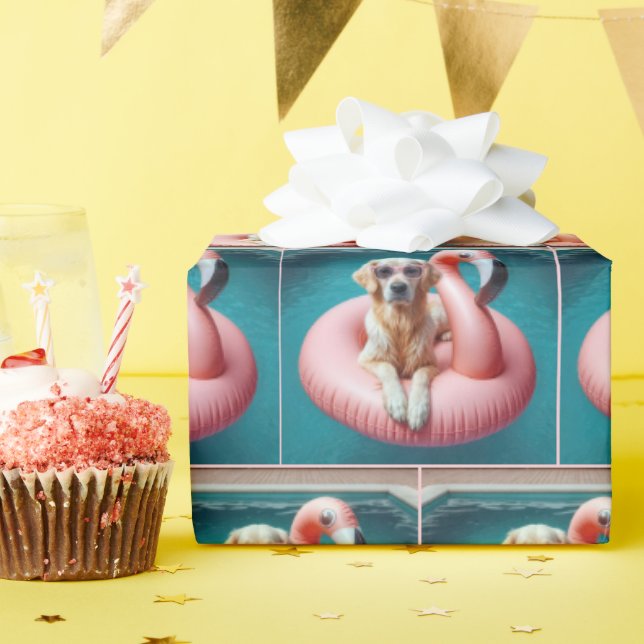 Golden Retriever Floating In a Flamingo Pool Toy Wrapping Paper (Birthday Party)